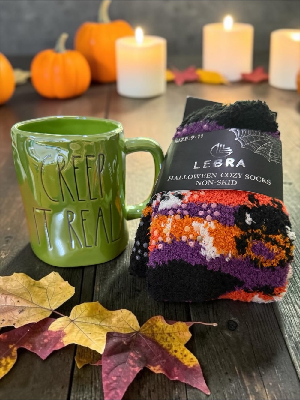 Rae Dunn “Creep It Real” Green Iridescent Mug + 3 Pairs of Grippy Cozy Socks